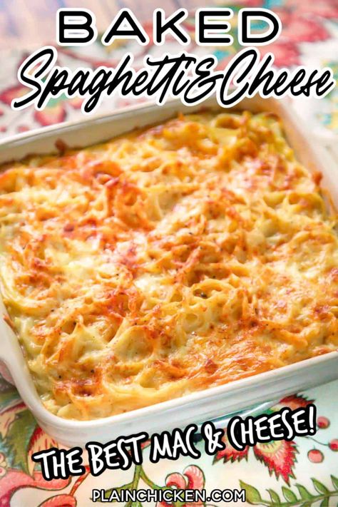 Baked Spaghetti And Cheese, Cheese Spaghetti Bake, Mac And Cheese Spaghetti, Spaghetti And Cheese, Spaghetti Cheese, Starch Sides, Plain Chicken Recipe, Easy Baked Spaghetti, Spaghetti Casserole Recipe