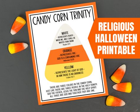 These Candy Corn Trinity Treat Tags are a sweet and adorable idea for Sunday School and Church Handouts! Just print and cut out these treat tags and tie them around a festive bag of candy corn for your kids, friends, co-workers, students and even trick-or-treaters! This candy corn tag is a fun idea for a fall themed goody bag, school PTO PTA gift idea, party favor snack treat or class treats. INCLUDES 8.5x11in Digital Download (4 Toppers - Each Tag measures 4in high x 3in wide) PLEASE NOTE: This Alternatives To Trick Or Treating, Candy Corn Trunk Or Treat Ideas, Candy Corn Trinity Printable, Church Picnic Ideas, Bible Trunk Or Treat Ideas For Cars, Church Halloween Ideas, School Fall Festival Ideas, Fall Festival Ideas For Church, Church Fall Festival Ideas