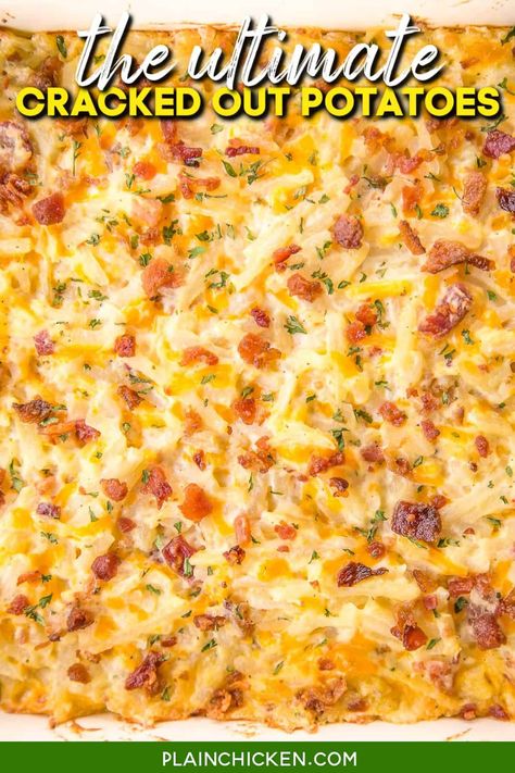 Cracked Out Potatoes, Loaded Potato Casserole, Cracked Out, Shredded Hash Browns, Frozen Potatoes, Baked Potato Casserole, Shredded Potatoes, Potato Recipes Side Dishes, Potatoe Casserole Recipes