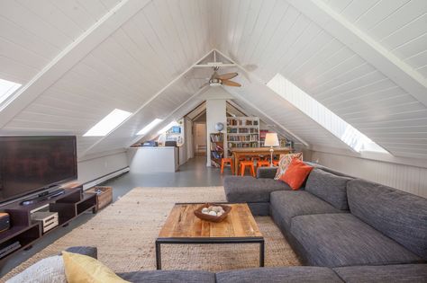 Sloped Ceiling Game Room, Attic Sports Room, Enclosed Loft Ideas, Attic Media Room Sloped Ceiling, Loft Hangout Space, 3rd Floor Attic Ideas, Cozy Loft Ideas Upstairs, Attic Tv Room Sloped Ceiling, Attic Movie Room