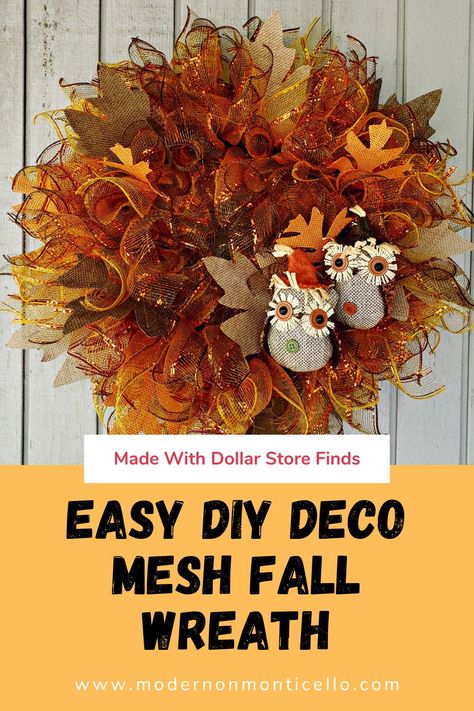 Easy DIY Deco Mesh Fall Wreath - Modern on Monticello Fall Mesh Wreaths Diy, Deco Mesh Fall Wreath, Mesh Fall Wreath, Grace Monroe, Mesh Crafts, Diy Deco Mesh Wreath, Deco Mesh Crafts, Fall Mesh Wreaths, Fall Deco Mesh Wreath