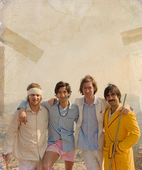 Owen Wilson, Adrien Brody, Wes Anderson & Jason Schwartzman for The Darjeeling Limited Anderson Aesthetic, The Darjeeling Limited, Wes Anderson Aesthetic, Darjeeling Limited, Wes Anderson Style, Wes Anderson Movies, Wes Anderson Films, Adrien Brody, The Royal Tenenbaums