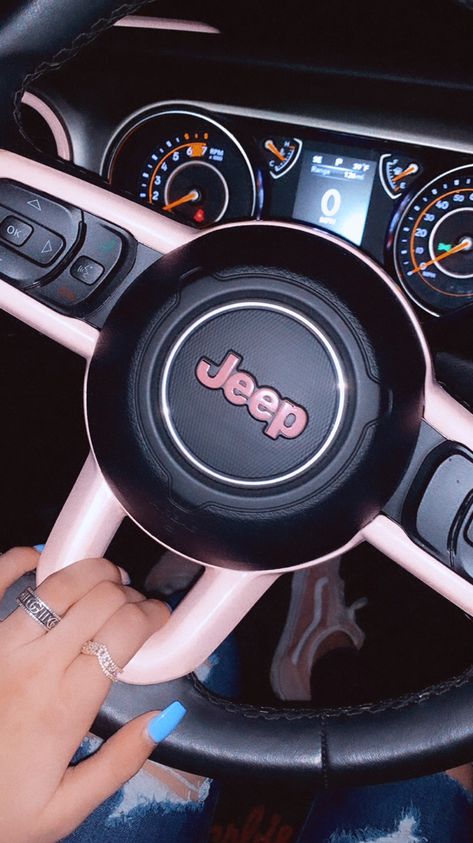 Blush Pink Jeep Wrangler, Rose Gold Jeep Wrangler, White Jeep Aesthetic Interior, Pink Jeep Renegade, White And Pink Jeep, White Jeep Wrangler With Pink Accents, White Jeep Pink Accents, White Jeep Pink Interior, Black And Pink Jeep Wrangler