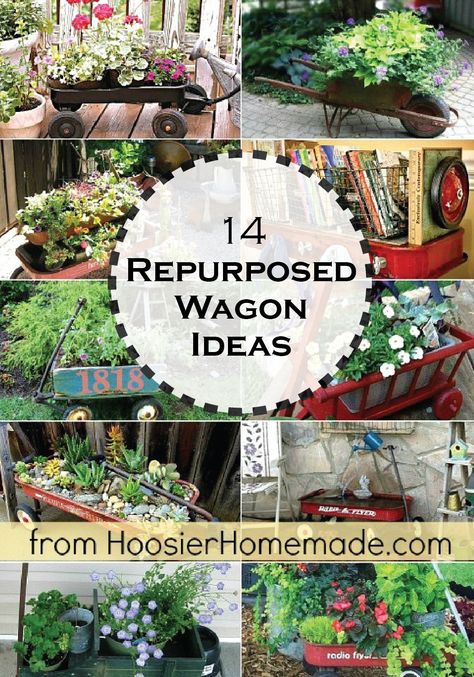 Learn how to repurpose an old wagon into a fall décor piece or garden plant holder! Spring Wagon Decorating Ideas, Metal Wagon Wheel Decor Outdoor Garden, Old Wagons In Garden, Decorating With Wagon Wheels, Wagon In Garden, Radio Flyer Wagon Ideas Garden, Wagon Wheel Yard Decor Ideas, Red Wagon Garden Ideas, Repurposed Wagon Wheels