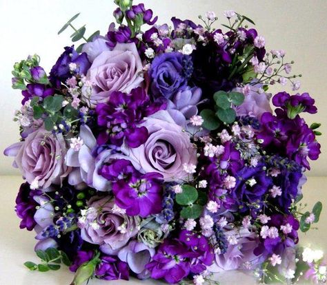 BRIDAL bouquet - love the combo of baby's breath and lighter purple flowers with a touch of greenery- not really crazy about the blue flowers or dark purple. Grey Wedding Theme, Purple Flower Bouquet, Purple Bouquets, Purple Wedding Bouquets, Country Style Wedding, Purple Bouquet, Purple Wedding Flowers, Blue Bouquet, Deco Floral