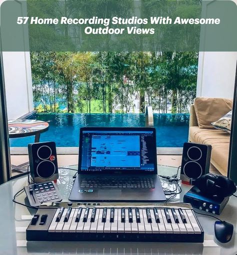 Create a Serene Studio Design that integrates the calming influence of nature into your music-making space. Enjoy the soothing outdoor views that help reduce stress and increase creativity. This design is perfect for artists seeking peace and inspiration. Click the article for more ideas! Fl Studio Aesthetic, Home Recording Studios, Synthesizer Music, Home Recording Studio Setup, Recording Studio Setup, Producer Studio, Home Studio Ideas, Home Music Rooms, Beat Maker