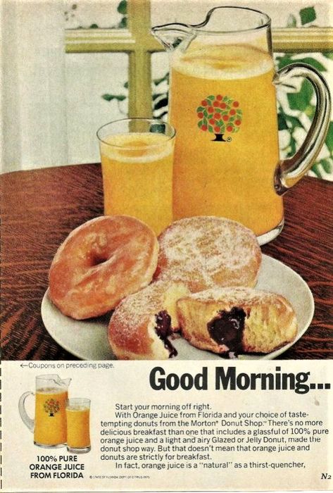 1970s Food, 70s Food, Florida Orange Juice, Vintage Food Posters, Juice Ad, Night Theme, Smoothie Mix, Food Ads, Donut Shop