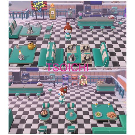 Diner Floor Animal Crossing, Ac Ideas, Qr Codes Animal Crossing, Acnh Ideas, Acnh Inspo, New Animal Crossing, Animal Crossing Game, Island Design, Animal Crossing Qr