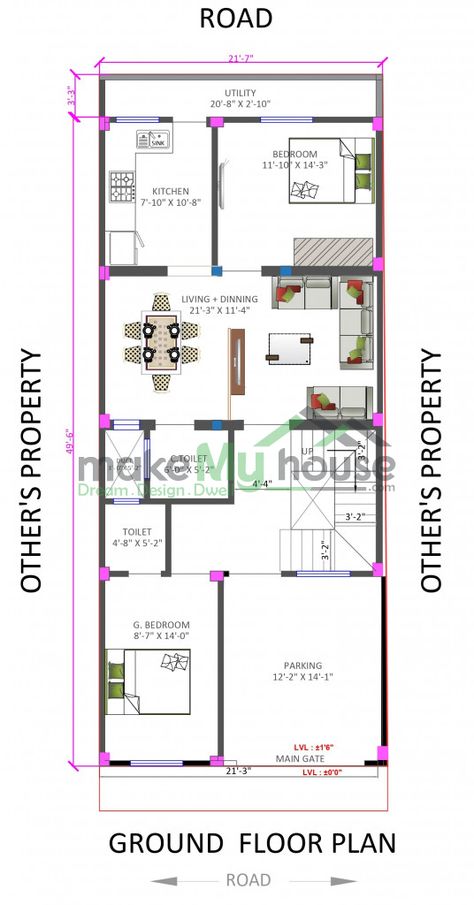 Make My House offers a wide range of Readymade House plans at affordable price. This plan is designed for 22x50 East Facing Plot having builtup area - 1100 SqFT with Modern Floorplan for Duplex House. 22×50 House Plan, House Floorplan, The Perfect House, Duplex House Design, Duplex House, Perfect House, Ground Floor Plan, House Elevation, Spacious Living