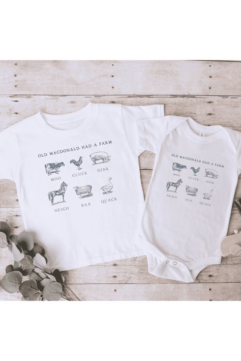 Kid's Old Macdonald Had A Farm Shirt Toddler Farm Shirt, Farm Graphic Tees, Farm Shirt Ideas, Farm Merchandise, Animal Shirt Design, Roots Clothing, Kids Shirts Design, Animal Onesie, Farm Kids