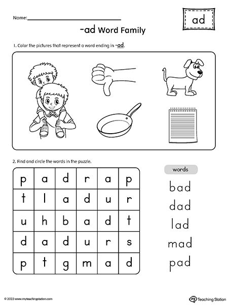 Ad Word Family, Word Family Reading, Articles Activities, Ccvc Words, Beginning Math, Puzzle Worksheet, Picture Puzzle, Workbook Design, Teaching The Alphabet