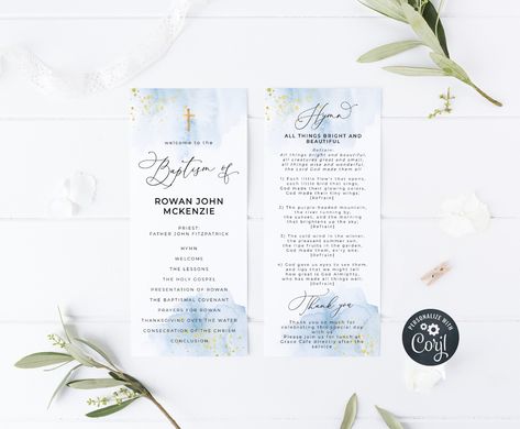 Baby Blue Baptism Program Template, Printable Watercolor Christening Double Sided Program, Editable Order of Service, Instant Download #baptism #printableprogram #baptismprogram #christeningprogram #baptismideas #boysbaptism #bluebaptism Baptism Program Template, Baptism Program, Printable Programs, Order Of Service, Boy Baptism, Program Template, My Themes, Change Text, Download Fonts