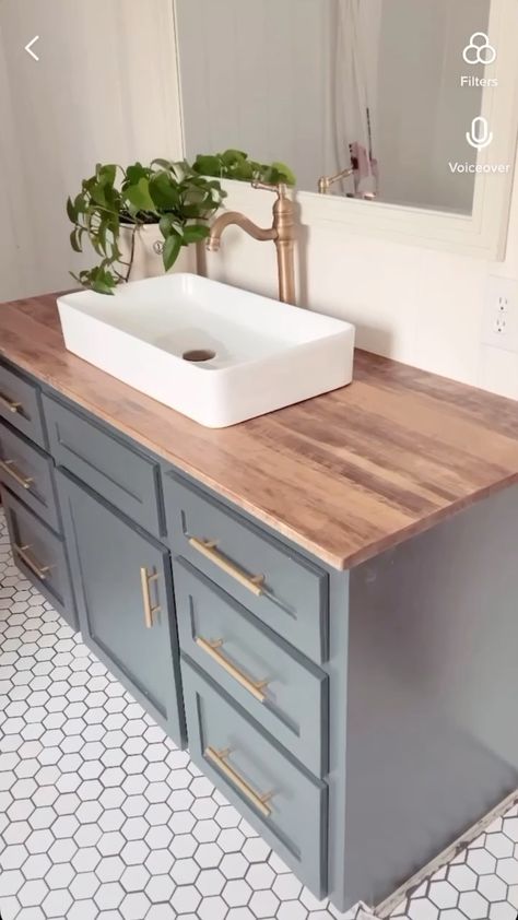 timberntwine on Instagram: I’ve gotten SO many questions on my DIY wood vanity countertop. 💪🏼🔨 So here it is! Under $100 in Poplar wood and it completely transformed… Wood Bathroom Vanity Top, Bathroom Vanity Wood Countertop, Wood Vanity With Grey Countertop, Bathroom Bowl Sink Ideas Wood Vanity, Vanity Wood Countertop, Bathroom Vanity Wood Top, Diy Wood Bathroom Countertop, Wood Bathroom Countertop, Bathroon Ideas