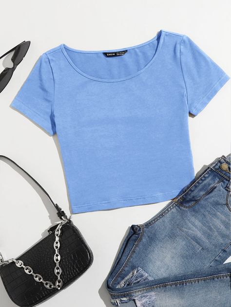 Baby Blue Top Outfit, Blue Top Outfit, Light Blue Crop Top, Light Pink Shirt, Teal Shirt, Blue Aura, Scoop Neck Crop Top, Light Blue Top, Pretty Shirts