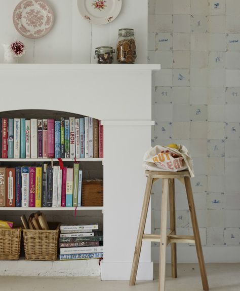 shelves: hearth of an abandoned fireplace is perfect for books--nice in kitchen for cookbooks Fireplace Into Bookshelf, Fireplace As Storage, Shelves In Fireplace, Books In A Fireplace, Fireplace Book Storage, Fireplace Toy Storage, Bookshelf In Fireplace, Fireplace Space Ideas, Fireplace Not In Use