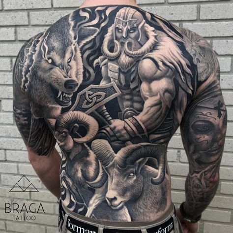 Norse • Viking Back Piece Tattoo | Tattoo Ideas and Inspiration Vikings Back Tattoo, Viking Tattoo Back Piece, Tyr Norse God Tattoo, Mythology Back Tattoo, Thor Tattoo Norse Mythology, Viking Back Tattoo, Mjolnir Tattoo, Thor Tattoo, Norse Mythology Tattoo