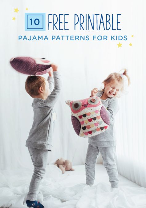 This collection of free printable pajama patterns for kids offers plenty of options for you and your child to choose from. With everything from kangaroo pocket pjs to jersey pajama pants, your child will love getting dressed for bed each night. If your kid wets the bed, be sure to remind her to change into her GoodNites Bedtime Pants. The comfortable fit and wide range of sizes will help keep her protected against nighttime wetness. Kids Pjs Pattern Free Sewing, Pajama Bag Pattern Free, Kids Pajamas Pattern Free, Sewing Patterns Free Kids, Toddler Pajamas Pattern, Pajama Pants Pattern Free, Kids Pajamas Pattern, Toddler Clothes Patterns, Pajamas Diy