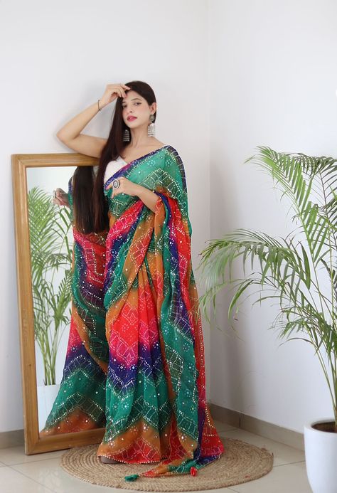 *❣️ New Latest Multicolour Bandhani Print Sequence & Mirror Work Super Hit New Design Launched ❣️* *_༺❦ Catalog :~ Bandhej ❦༻_* *👇🏻--: Fabric details :--👇🏻* _Saree :~_ *Soft Moss Chiffon Saree with 🥰 Beautiful Multicolour Bandhani Print & Sequence with Mirror Work All over in Saree* _Blouse :~_ *Unstitched White Modal Satin Blouse* _💦Wash :~_ *Easy Home Wash* Multicolour Saree, Multicolour Blouse, Bandhani Print, Sequin Saree, Plain Saree, Saree Designs Party Wear, Satin Saree, Chiffon Saree, Satin Blouse