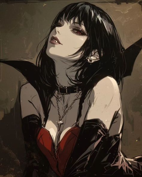 Vampire Girl Animes, Vampire Cartoon Character, Black Haired Character Art, Vampire Girl Pfp, Vampire Girl Drawing, Vampire Oc Female Art, Vampire Woman Art, Vampire Ladies, Vampire Animation