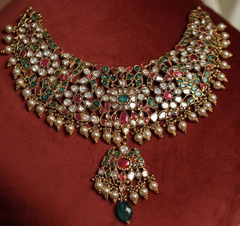 Pachi Work Jewellery, Kundan Haram, Ruby Necklace Designs, Vintage Indian Jewelry, Indian Wedding Jewelry Sets, Bridal Necklace Designs, Neck Pieces Jewelry, Bridal Jewelry Vintage, Bridal Jewellery Design