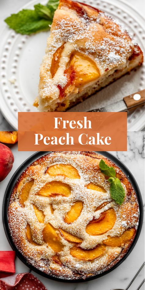 Try this easy recipe for fresh peach cake when peaches are in season. Soft & tender with a light sugar topping and 2 layers of juicy peaches. #summerdesserts #peach #cake Peach Pound Cake, Peach Cake Recipes, Peach Pound Cakes, Soft Cake, Peach Dessert Recipes, Cake Mug, Peach Desserts, Peach Cake, Homemade Cake