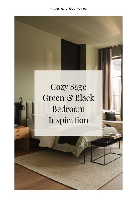 Cozy sage green and black bedroom with a modern design and a large window. Green Grey And Black Bedroom, Sage Green Black Bedroom, Sage Green And Black Bedroom, Green Black Bedroom, Green And Black Bedroom Ideas, Green And Black Decor, Green And Black Bedroom, Dark Green Bedroom Ideas, Sage Green And Black