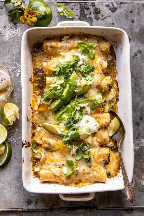 Sheet Pan Cheesy Poblano Corn Enchiladas | halfbakedharvest.com New Dinner Recipes Healthy, Poblano Enchiladas Vegetarian, Vegetarian Anniversary Dinner, Veggie Based Dinner, Half Baked Harvest Corn, Enchilada Vegetarian, Pan Enchiladas, Poblano Enchiladas, Enchiladas Vegetarian