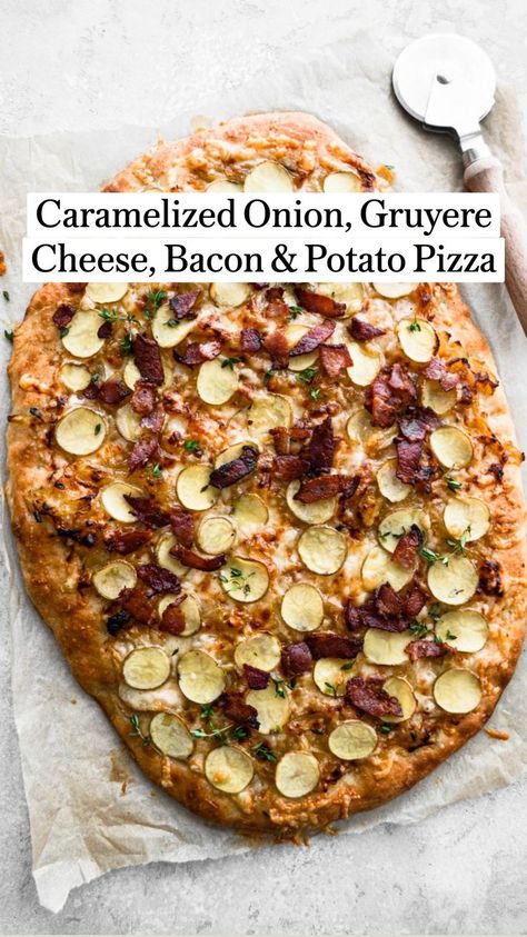 Caramelized Onion, Gruyere Cheese, Bacon & Potato Pizza | Pizza recipes homemade, Homemade recipes, Food Cravings Recipes, Onion Pizza, Potato Pizza, Bacon Pizza, Cooking Onions, Bacon Potato, Food Pizza, Homemade Cooking, Pizza Food