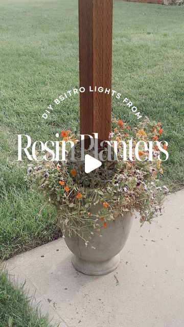 Haley Orrock l DIY & Home Design on Instagram: "Spending the rest of summer sitting underneath these patio lights 🤩
•
Here’s how we did it!
- I got these resin pots from Walmart!! You can get pots from anywhere, but Walmart had amazing prices. 
- Next, we mixed a bag of Quikrete in a bucket using a drill mixer attachment. If you haven’t mixed concrete yet, it’s very easy!
- We placed a treated 4x4x8 post inside, filled the bottom 1/3 with gravel, and the next 1/3 with quick set concrete. 
- You can use a level and attach some scrap wood (like this furring strip) to keep the post upright while the cement dries. 
- Next, we screwed in these eyelet screws to the top of the posts and peel and stuck hooks to the house and strung bailing wire between it all to hold it in place. 
- You can choos Bucket Concrete Post, Cement Bucket With Pole Lights, Resin Pots, Mixer Attachments, Concrete Posts, Patio Lights, Resin Planters, Mix Concrete, Screw It