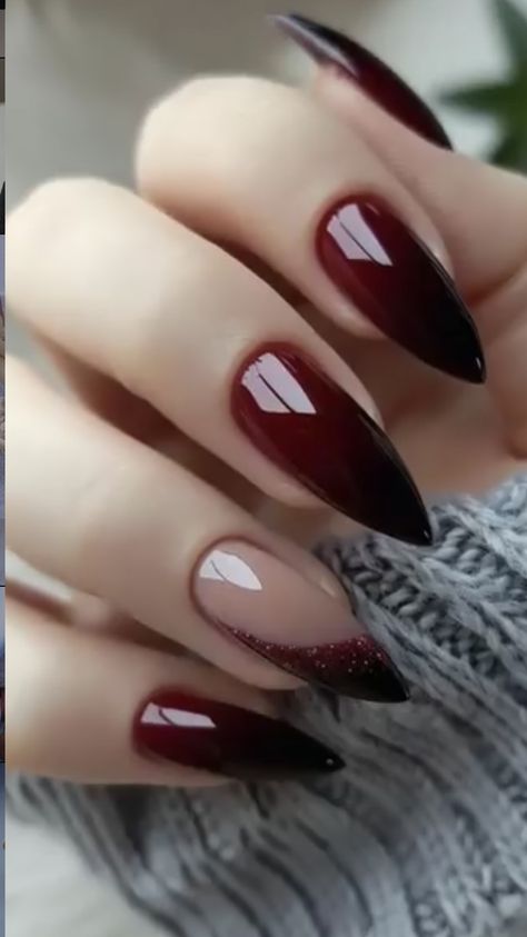 Trendy Burgundy Nails, Maroon And Black Nails Acrylic, Ombre Dark Red Nails, Dark Christmas Nails Almond, Red Ombre Almond Nails, Vampire Nail Ideas, Blood Red Almond Nails, Maroon Ombre Nails Burgundy, Burgundy Nails Stiletto