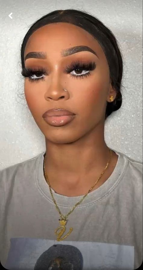 White Under Eye Makeup Black Women, Neutral Baddie Makeup, Bottom Lashes Makeup Black Women, Fall Birthday Makeup Looks, White Waterline Makeup Black Women, Makeup Looks With White Waterline, Prom Makeup Looks For Orange Dress, Classy Makeup Elegant Black Women, Red Make Up Looks On Black Women