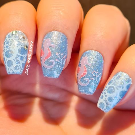 Seahorse today for @glamnailschallenge #glamnailschallengejuly   Used: 💙 Nicole Diary Cerulean Summit 💙 Stamping plate L012 from AliExpress  💙 Nicole Diary stamping plate Nature World ND-005 💙 Cien French Manicure White  💙 Trust Fund Beauty- I'm Kind Of A Big Deal 💙 Ciate - Spinning Teacup 💙 Pearls, shells, and stones from AliExpress    #nailart #seahorsenails #bluenails #nailstagram #instanails #notd #nails #nailsoftheday #nailsofinstagram #nailsaddict #nailitdaily #nailspiration Seahorse Nails, French Manicure White, Beach Nail Designs, Nail Blue, Trust Fund, Nail Envy, Glam Nails, Beach Nails, Stamping Plates