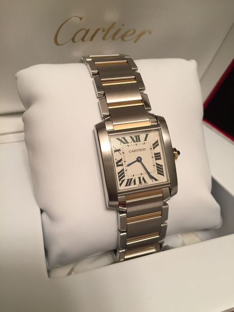 Love, love my two-toned Cartier Tank Francaise. So expensive but worth it! Cartier Tank Francaise Two Tone, Cartier Tank Two Tone, Cartier Watch Tank Francaise, Cartier Francaise Tank, Cartier Tank Watch Woman, Elegant Watches Women, Cartier Watches Women, Rolex Wrist Watch, Cartier Tank Francaise