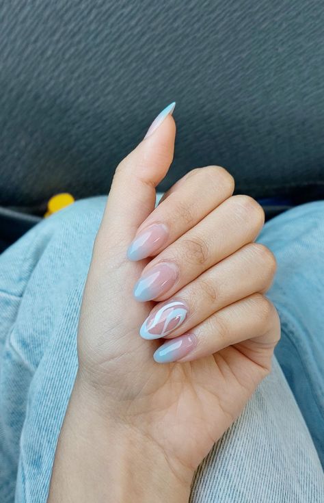 Inspo nails Dusty Blue Almond Nails, Milk Nails Almond, Light Blue Silver Nails, Baby Blue Oval Nails, Sheer Blue Nails, Baby Blue Nails Almond, Dusty Blue Nails Acrylic, Baby Blue Almond Nails, Soft Blue Nails