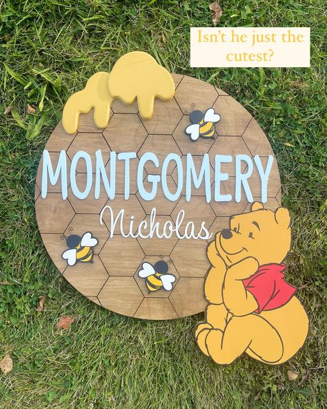 He deserves some Stills! He turned out adorable. What do you think? Follow for more custom signs, seasonal decor and more #custom #customsigns #signmaker #nursery #nurserydecor #nurserynamesign #namesign #namesigns #baby #pooh #poohbear #winniethepooh #woodsigns #customwoodsign #comissionsopen #etsy #etsyfinds #smallbusiness #supportsmallbusiness #woodartist #woodart #woodlogo #woodcarving #cnc #omtechlaser #trending #michigansmallbusiness #shoplocal #fyp #momtobe Winnie The Pooh Nursery Sign, Winnie The Pooh Sign, Bee Nursery, Winnie The Pooh Nursery, Wood Logo, Wooden Name Signs, Sign Maker, Light Up Signs, Wood Artist