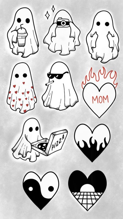 Doodle Skull Art, Simple Matching Ghost Tattoos, ဖဲချပ် Tattoo, Ghost Tattoo Minimalist, Halloween Cat Drawing Easy, Cute Spooky Tattoo Ideas, Ghost Flash Tattoo, Drawing Ideas Halloween, Matching Ghost Tattoos