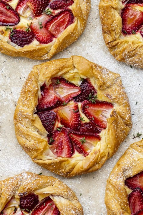 Mini Strawberry Cheesecake Galettes — Antoniou Fillo Pastry Fillo Dough Recipes, Philo Pastry, Filo Pastry Dessert, Philo Dough, Filo Pastry Recipes, Mini Strawberry Cheesecake, Phyllo Dough Recipes, Phyllo Recipes, Dessert Cups Recipes