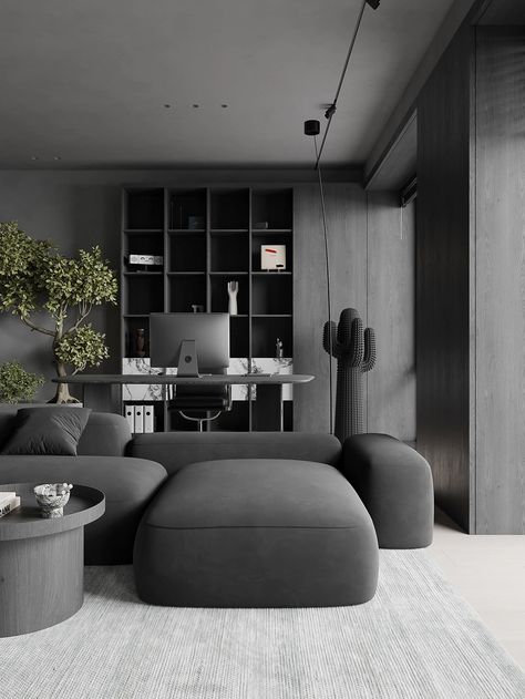 Two Black Interiors That Show Dark Decor In a Great Light Living Room Dark Sofa, Dark Minimalist Living Room, Modern Living Room Dark, Dark Modern Interior, Black Home Interior, Dark Living Room Ideas, Dark Living Room, Moody Interior Design, Dark Living Rooms