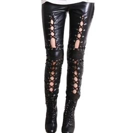 Punk Heavy Metal Women Faux LeathLace Up Skinny Pants Bandage Leggings, Lace Up Pants, Midriff Top, Lace Up Leggings, Estilo Punk, Leggings For Women, Style Noir, Faux Leather Leggings, Gothic Lolita