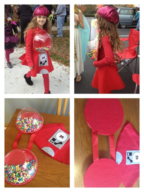 DIY Easy Old fashioned bubblegum machine costume - used felt for skirt, $1 plastic bowls for the bubblegum globes backed with thick cardboard covered with felt, ribbon for shoulder straps and real bubblegum balls (1/4 full both sides as it gets too heavy to carry). My daughter wore red leggings and red top underneath with red sparkly hat to complete the costume. Bubblegum Machine Costume, Bubble Gum Machine Costume, Gumball Machine Costume, List Of Halloween Costumes, Bubblegum Machine, Food Halloween Costumes, Witches And Warlocks, Purim Costumes, Halloween Kids Costumes Girls