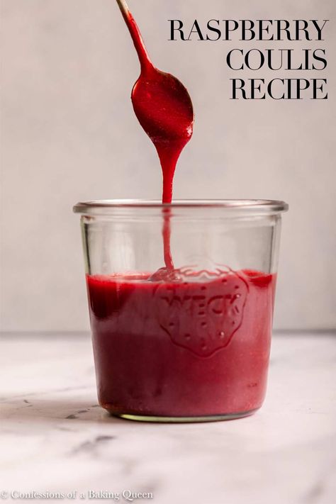 Simple and delicious raspberry coulis is made with a few ingredients. Step-by-step photos teach you how to make this delicious raspberry sauce. Use frozen raspberries to enjoy this raspberry sauce all year long. Perfect drizzled on top of cheesecake, pound cake, or ice cream, everyone loves this raspberry sauce recipe! Raspberry Coulis Sauce, Raspberry Drizzle Sauce, Raspberry Sauce For Cake, Raspberry Ganache Recipe, Raspberry Sauce For Cheesecake, Desert Sauces, Raspberry Coulis Recipe, Cheesecake Pound Cake, Raspberry Topping