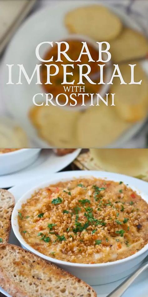 Crab Imperial is a  delicious and special dish that is perfect for a family holiday gathering!  Blue crab meat is combined in a rich and creamy sauce flavored with sherry, lemon juice, red bell pepper, onions and other seasonings, then baked with a light topping of buttery, seasoned bread crumbs. Imperial Sauce, Raos Meatballs, Appetizers Board, Crab Ideas, Family Feast Recipes, Crab Imperial, Seasoned Bread, Crab Dishes, Lump Crab