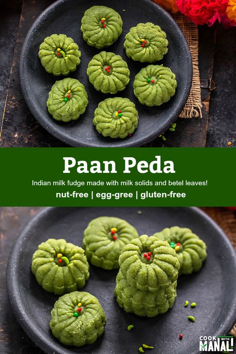 Paan Peda made with mawa and paan leaves! This peda has a refreshing, rich taste and a beautiful color from the paan. #indiandessert Indian Sandwich, Poha Chivda, Easy Indian Sweet Recipes, Coconut Ladoo, Peda Recipe, Holi Recipes, Diwali Sweets Recipe, Diwali Recipes, Ladoo Recipe