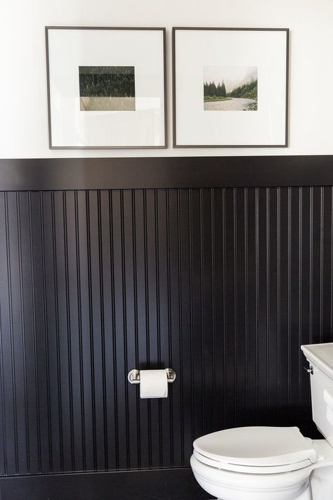 Our Favorite Powder Bathrooms - Studio McGee Modern Chair Rail Bathroom, Bathroom Black Wainscoting, Black Paneling Wall, Black Bead Board Bathroom, Half Wall Black Paneling, Black Wainscoting Office, Black Beadboard Walls Bedroom, Dark Wainscoting Ideas Bathroom, Black Wanescoting