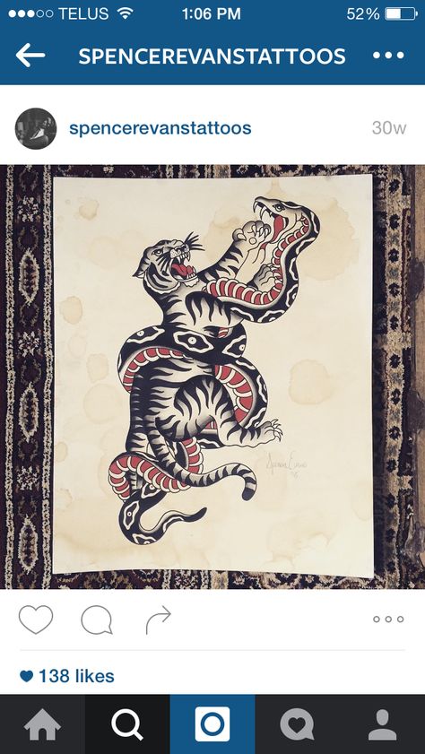 Traditional style drawing of a tiger fighting a snake. Available to tattoo. Tiger Snake Tattoo Traditional, Tiger And Snake Tattoo Traditional, Tiger Vs Snake Tattoo, Tiger And Snake Tattoo, Tiger Snake Tattoo, Traditional Alligator Tattoo, Tigers Tattoo, Drawing Of A Tiger, Tiger Flying