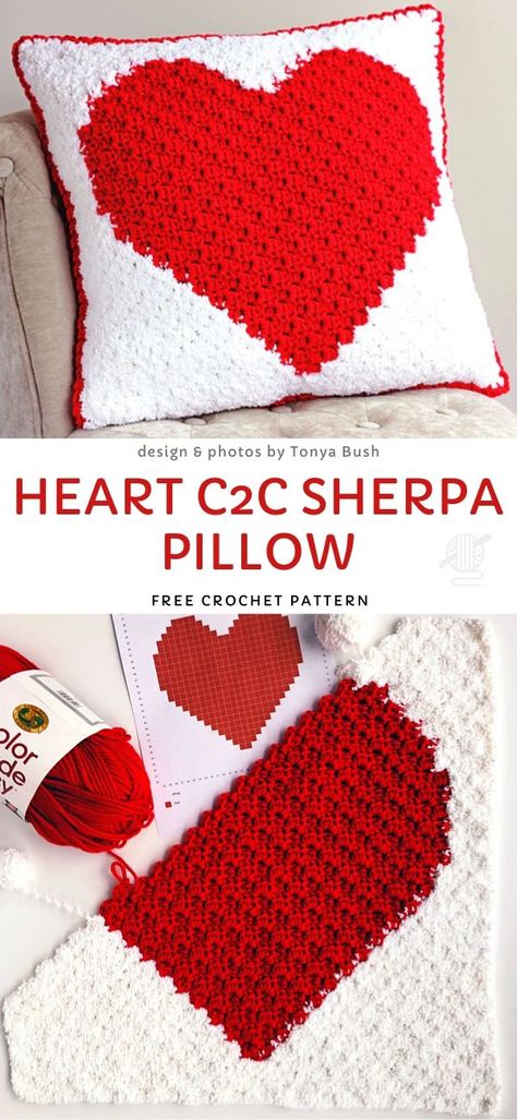 Sherpa Pillow, Corak Krusye, Crochet C2c Pattern, Crochet Pillow Patterns Free, Crochet Valentine Patterns, C2c Crochet Pattern Free, Valentine's Ideas, Valentines Pillows, Crochet Heart Pattern