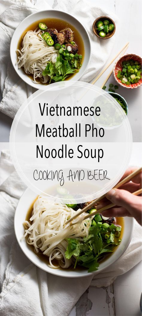 Vietnamese meatball pho noodle soup (pho bo) is a comforting way to warm you up this winter. The meatballs set this pho apart and are super flavorful! Meatball Pho, Asian Condiments, Vietnamese Meatballs, Pho Soup Recipe, Pho Noodle Soup, Asian Soups, Vietnamese Dishes, Noodle Soups, Vietnamese Soup