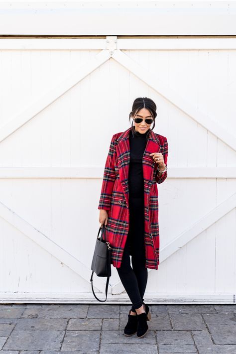 SHeIN fall favorites red holiday plaid tartan coat Scottish long wool coat black Tory Burch mini tote bag black suede booties, black high waisted leggings, black turtleneck knit top, winter Christmas fashion, outfit idea, ootd inspo, inspiration, what to wear casual holiday season, mom life, mom fashion Tartan Coat, High Waisted Black Leggings, Long Wool Coat, Christmas Outfits, Dress Crafts, Black Women Fashion, Fall Favorites, Girly Stuff, Trench Coats