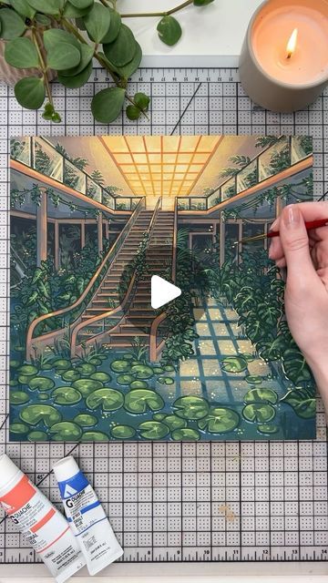 Amina Akhmadeeva on Instagram: "the sixth piece of my Biophilic Reverie series ! only ten more to go… 😮‍💨  🌱 materials: @holbeinartistmaterials acryla gouache on wood panel, pinstripe tape 🌱 #art #artistoninstagram #painting #gouache #illustration #holbein" Amina Illustration, Ghibli Gouache, Acryla Gouache, Gouache Tutorial, Gouache Illustration, Painting Gouache, Gouache Illustrations, Tape Art, Watercolor Projects