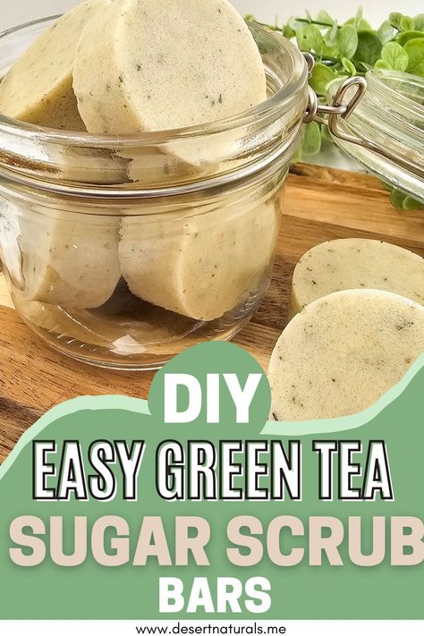 homemade green tea sugar scrub bars in a glass jar Salt Scrub Diy, Sugar Scrub Homemade Recipe, Sugar Scrub Cubes, Diy Body Scrub Recipes, Natural Sugar Scrubs, Diy Sugar Scrub Recipe, Body Scrub Recipe, Sugar Scrub Homemade, Homemade Scrub